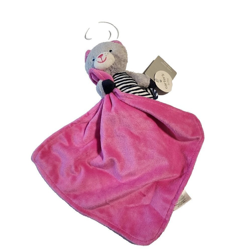 New Carter's pink lovey security blanket Kitty Cat in blue dress stripes rattle